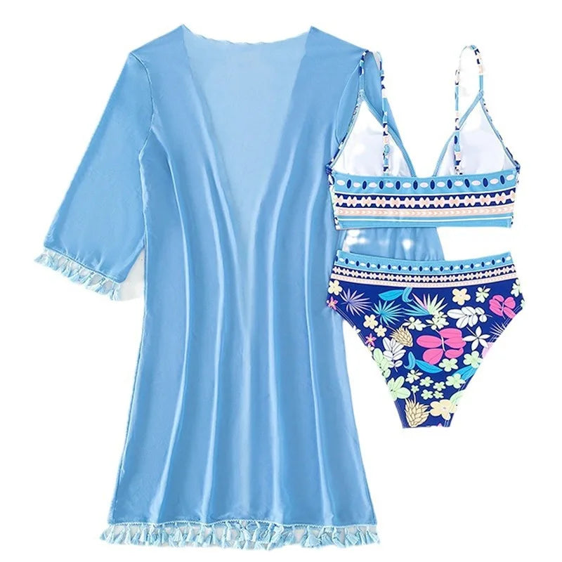 Striking Blue Floral Women's Bikini Set Three-piece swimsuit