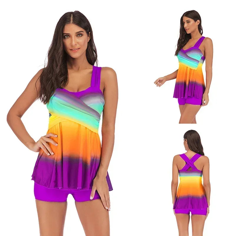 Skirt style swimsuit gradient rainbow print Suits Swimwear Swimsuit Women Summer Tankini Sets Swimming Bathing Suit