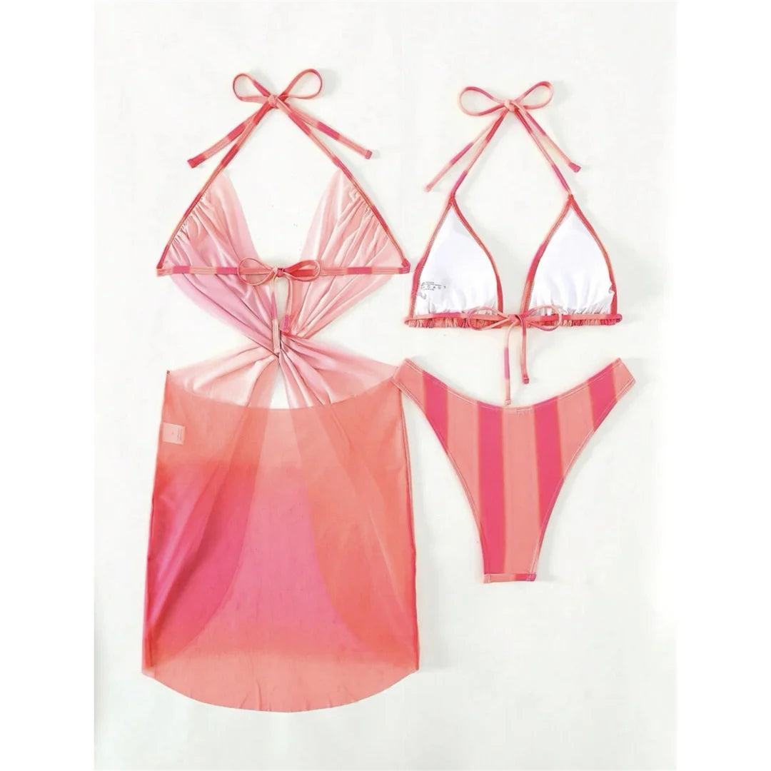With Dress Tie Dye Striped Bikini Female Swimsuit Women Swimwear Three-pieces Bikini set Bather Bathing Suit Swim