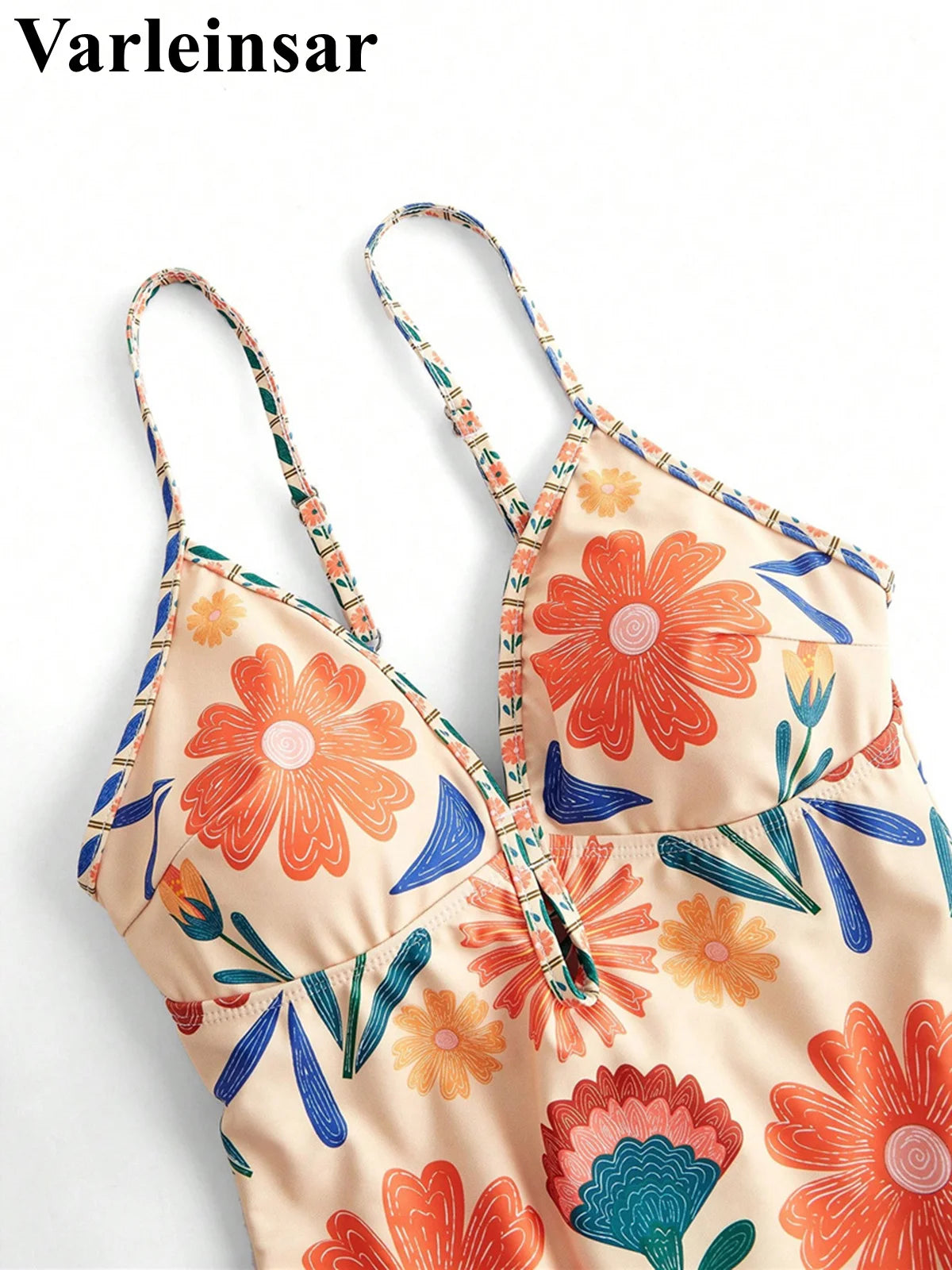 S - XL New Floral Printed With Skirt Women Swimwear One Piece Swimsuit Female V Neck High Leg Cut Bather Bathing Suit Swim V8041