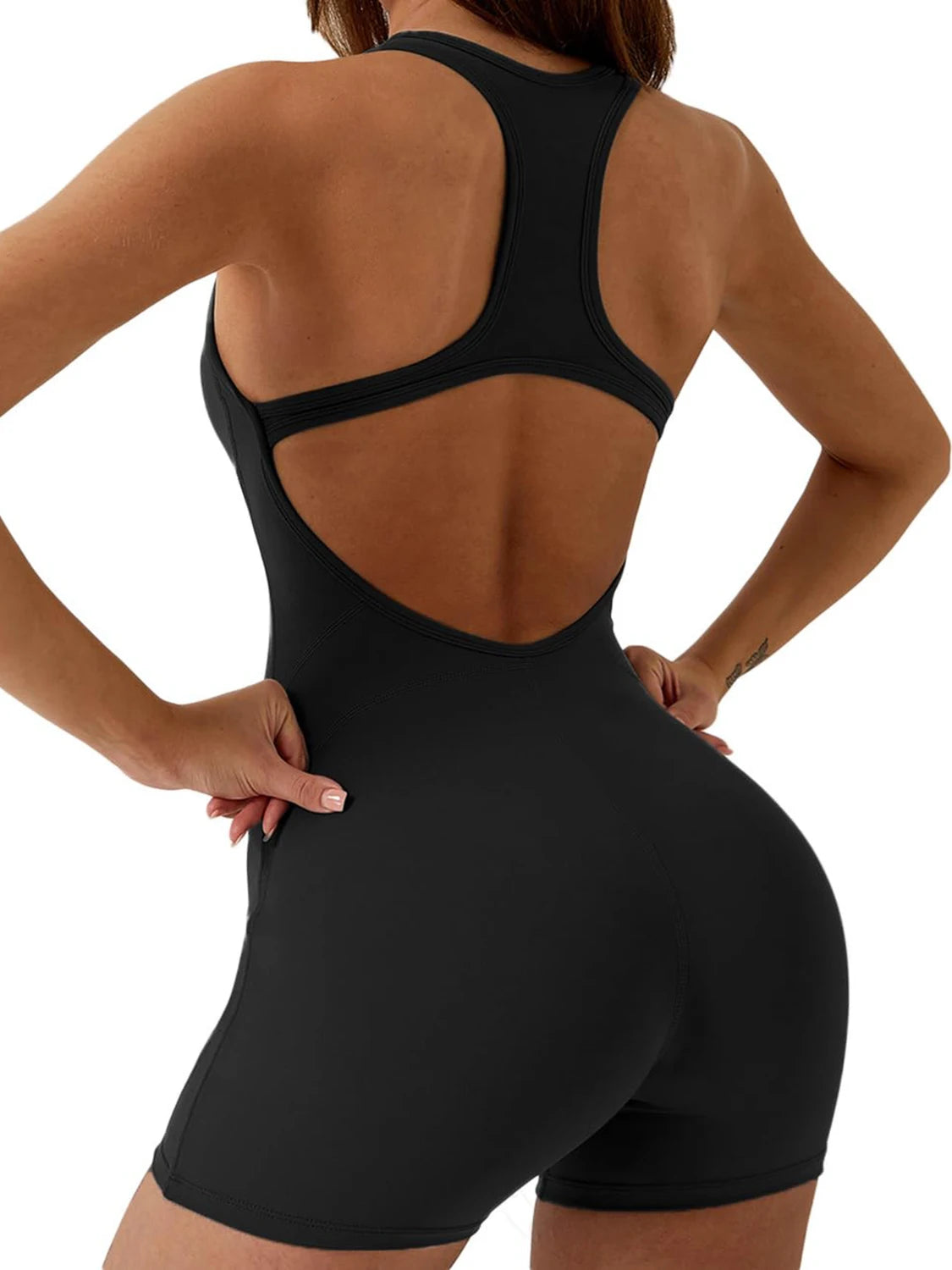 Backless Jumpsuit Women Tummy Control One Piece Bodycon Stretch Shorts Tank Top Sleeveless Scrunch Yoga Romper