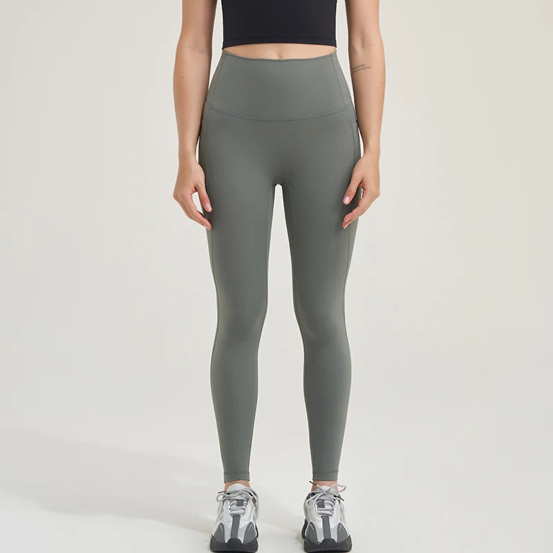 Nylon Leggings Yoga Women's Pants Gym Sport Fitness Pants Tight Elastic Breathable High Waist Side Pockets Sportswear