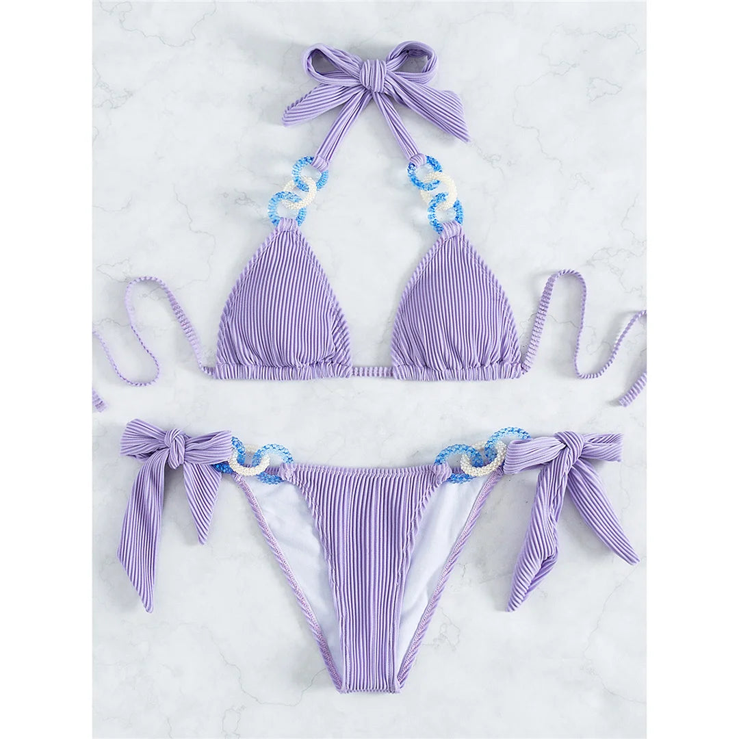 Halter Shiny Ring Ribbed Bikini Female Swimsuit Women Swimwear Two-pieces Bikini set Brazilian Bather Bathing Suit Swim