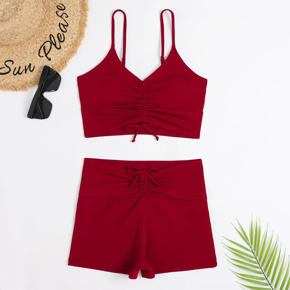 High Waist Bikini Swimsuit Women Floral Print Swim Suits Drawstring Front Shorts Boxers Swimwear Trunks Pool Bathing Suit