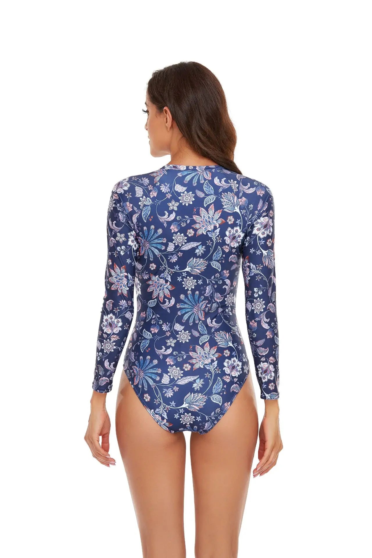 One-piece Swimsuit Women Long Sleeves Sunscreen Surf Wear Solid Color Stitching Zipper Conservative Summer Beach Swimwear