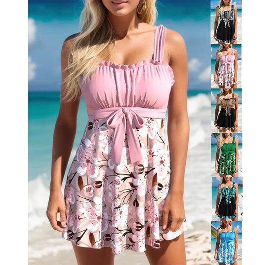 Women's Fashionable Casual Swimsuit Beach Vacation Swimsuit Pink Tankini Two-piece Set S-6XL