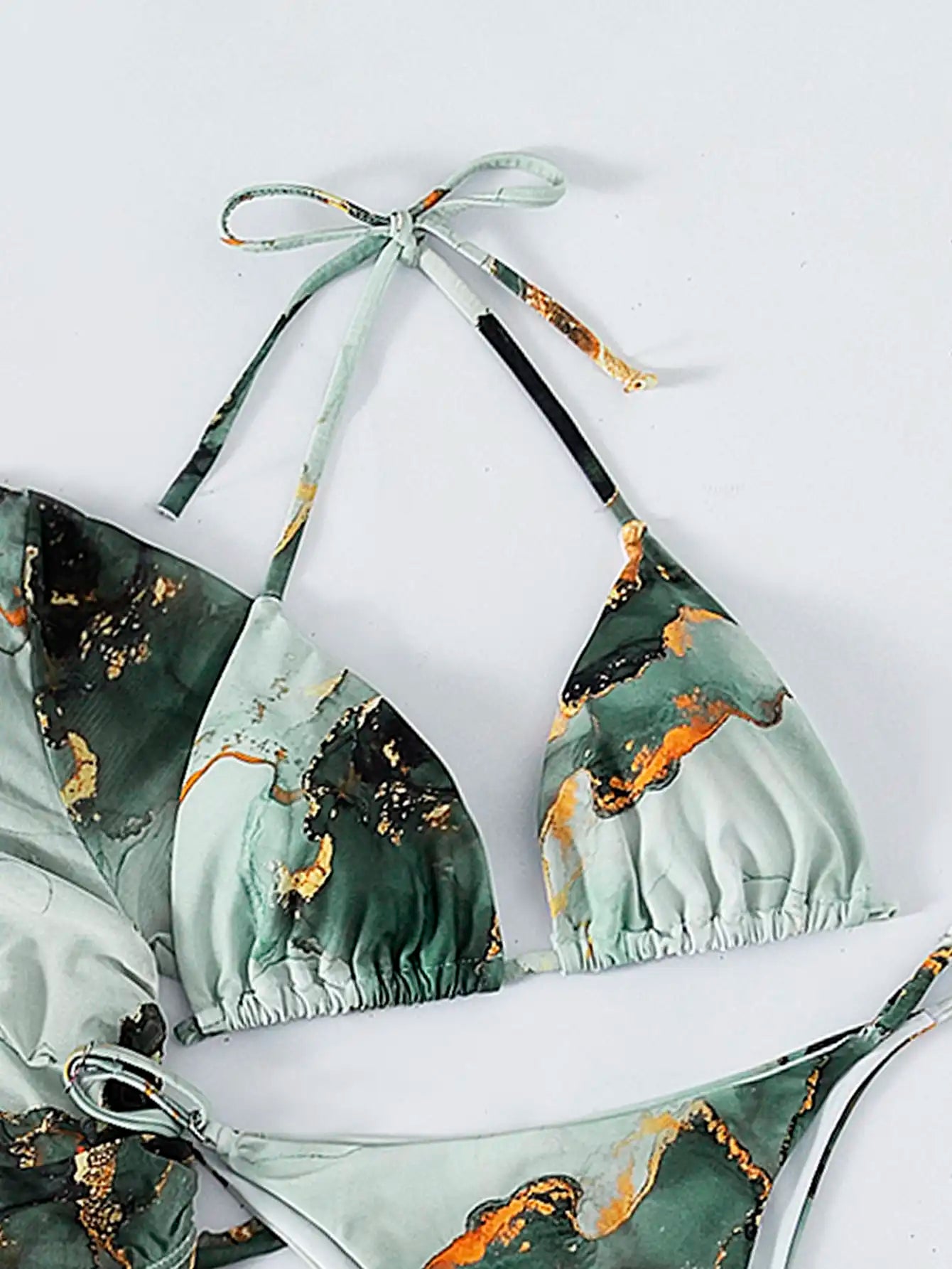 4 Pieces Halter Bikini Swimsuit With Marble Print Cover Up Swimwear Female Beachwear Bathing Swimming Suit Women Summer
