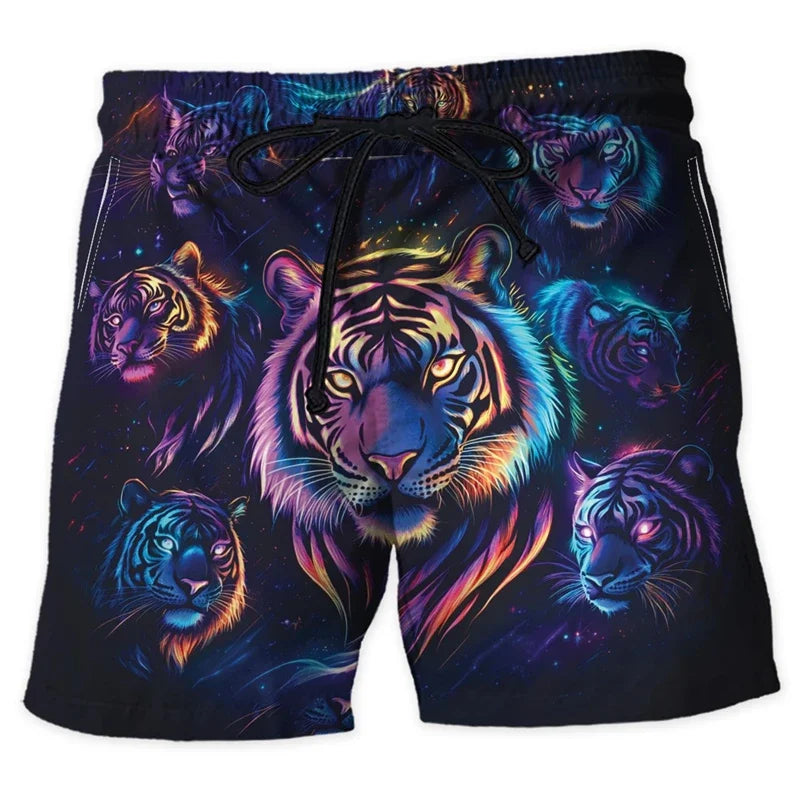 Neon Animal Graphic Beach Shorts, Men's Fashionable Summer Streetwear, 3D Printed Shorts, Cool Oversized Swimming Trunks