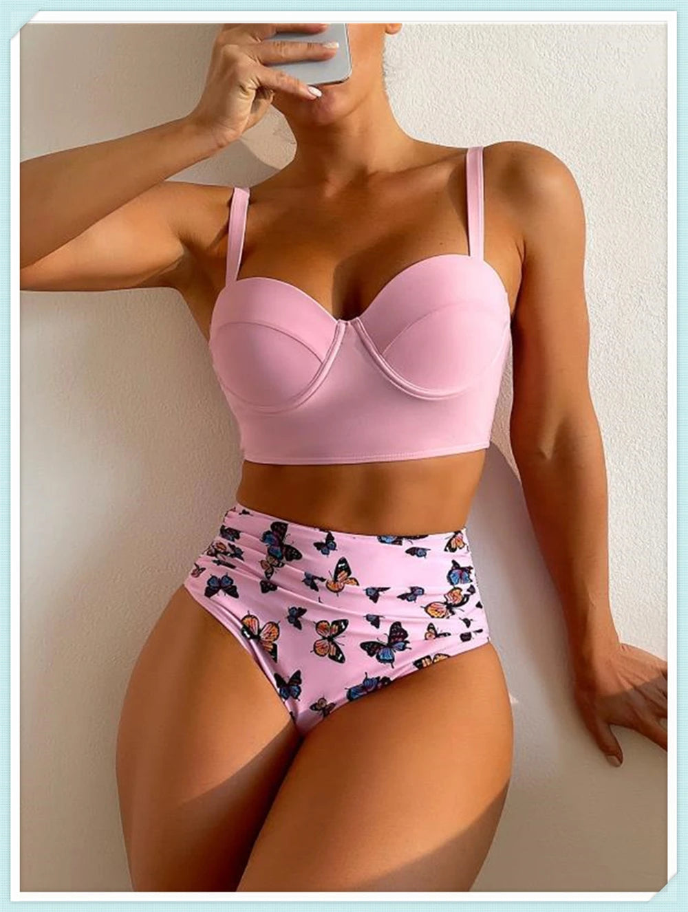 Push Up Swimsuit Women High Waist Bikini Set Butterfly Print Swimwear Female Padded Bathing Suit Swimming Beachwear Summer