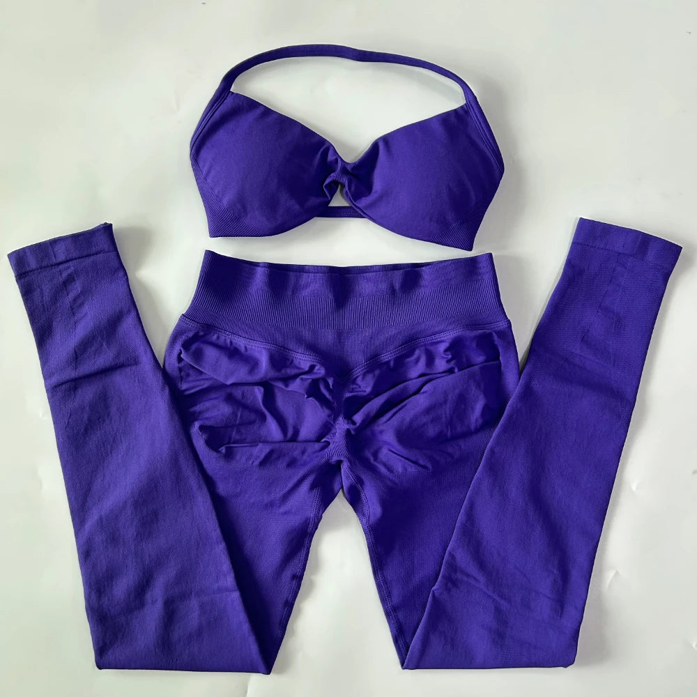 2 Pieces Set For Woman Strappy Yoga Bra Sports Top Workout Leggings Set Seamless Gym Set Fitness Clothes Outfit Activewear
