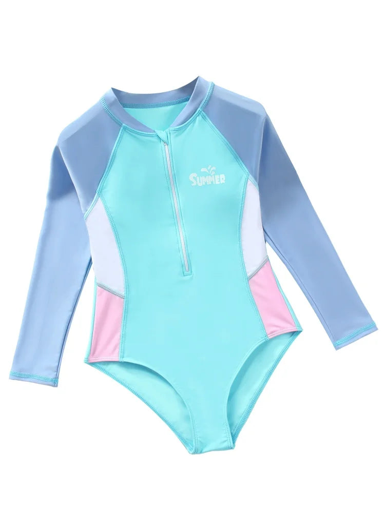 One Piece Kids Girls Swimsuit Solid Long Sleeves Bodysuit Children Swimwear Summer Monokini Beach Bathing Suit Swimming