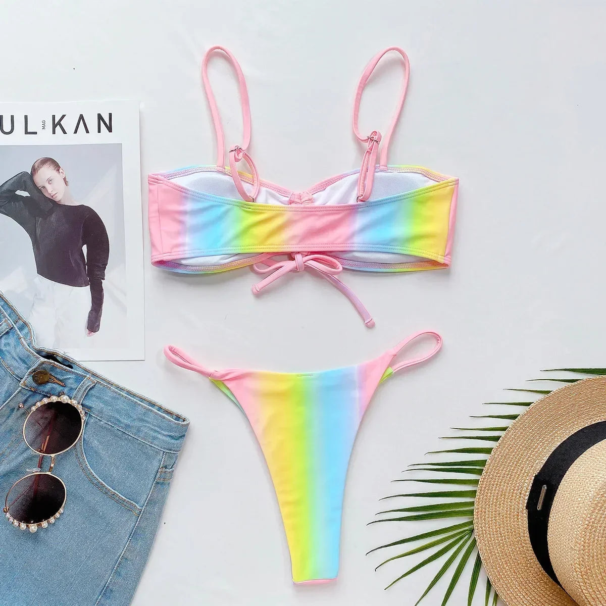 Bikini Women Drawstring Rainbow Butterfly Print Swimwear Swimsuit Female Bikinis Set Bathing Suit