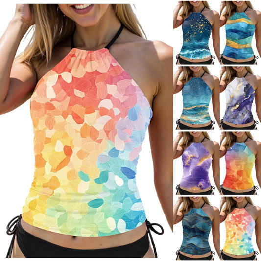 Women's Vintage Print Swimsuit Tankini Set Hanging Neck Slim Fit Suspender Tops Mid Waist Side Drawstring Bathing Suits Shorts