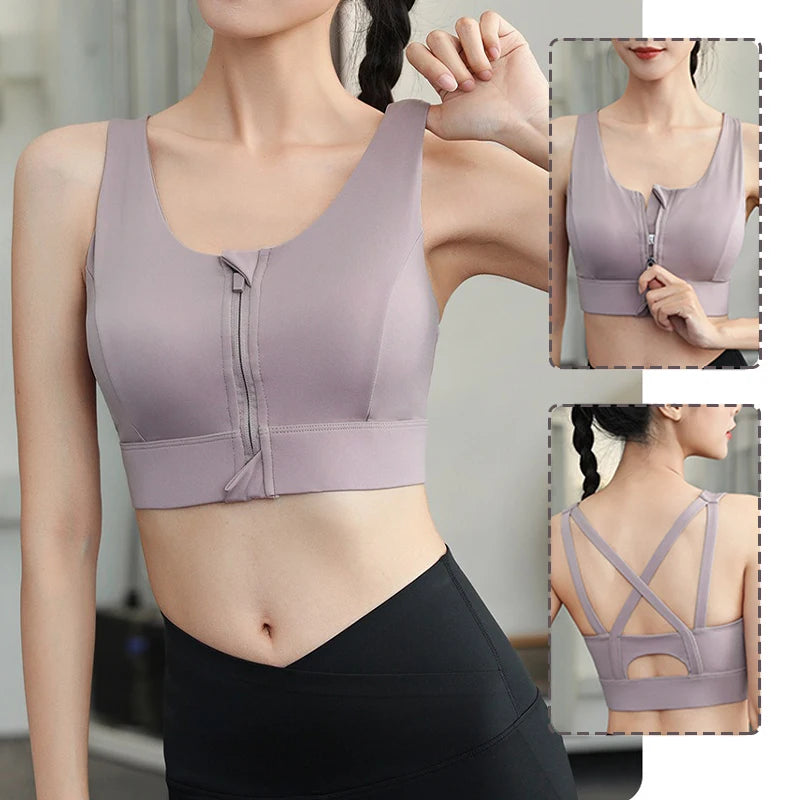 Aiithuug Front Zipper Crisscross Yoga Bra With Built In Cup Women's Strappy Wirefree Sport Gym Pilates Bra High Impact Underwear