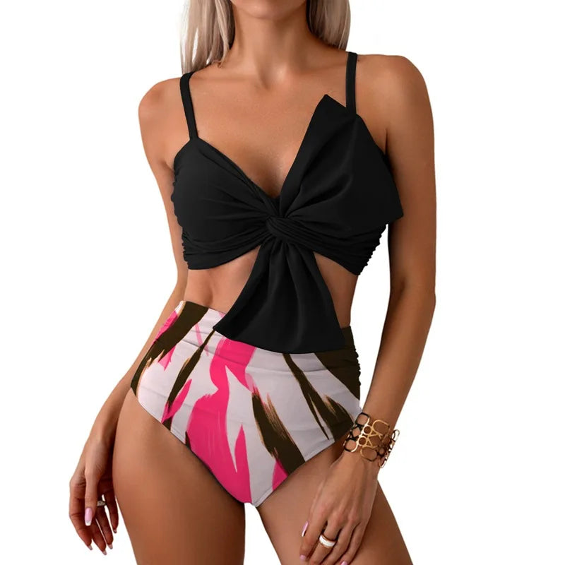 Women Flower Printed Separated Bikini Set Fashion Bow Tie Style High Waist Swimwear Shorts Beach Wear