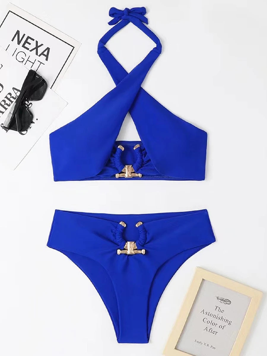 Halter Bikini Solid Metal Link Swimsuit Women Hollow Out Swimwear Female Bathers Bathing Swimming Swim Suit Beachwear