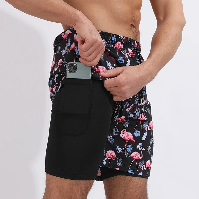 Summer Men's Surfing Swimwear Short Pants Fitness Exercise 2+1 Double Layer Beach Printed Shorts Male Sports Clothing