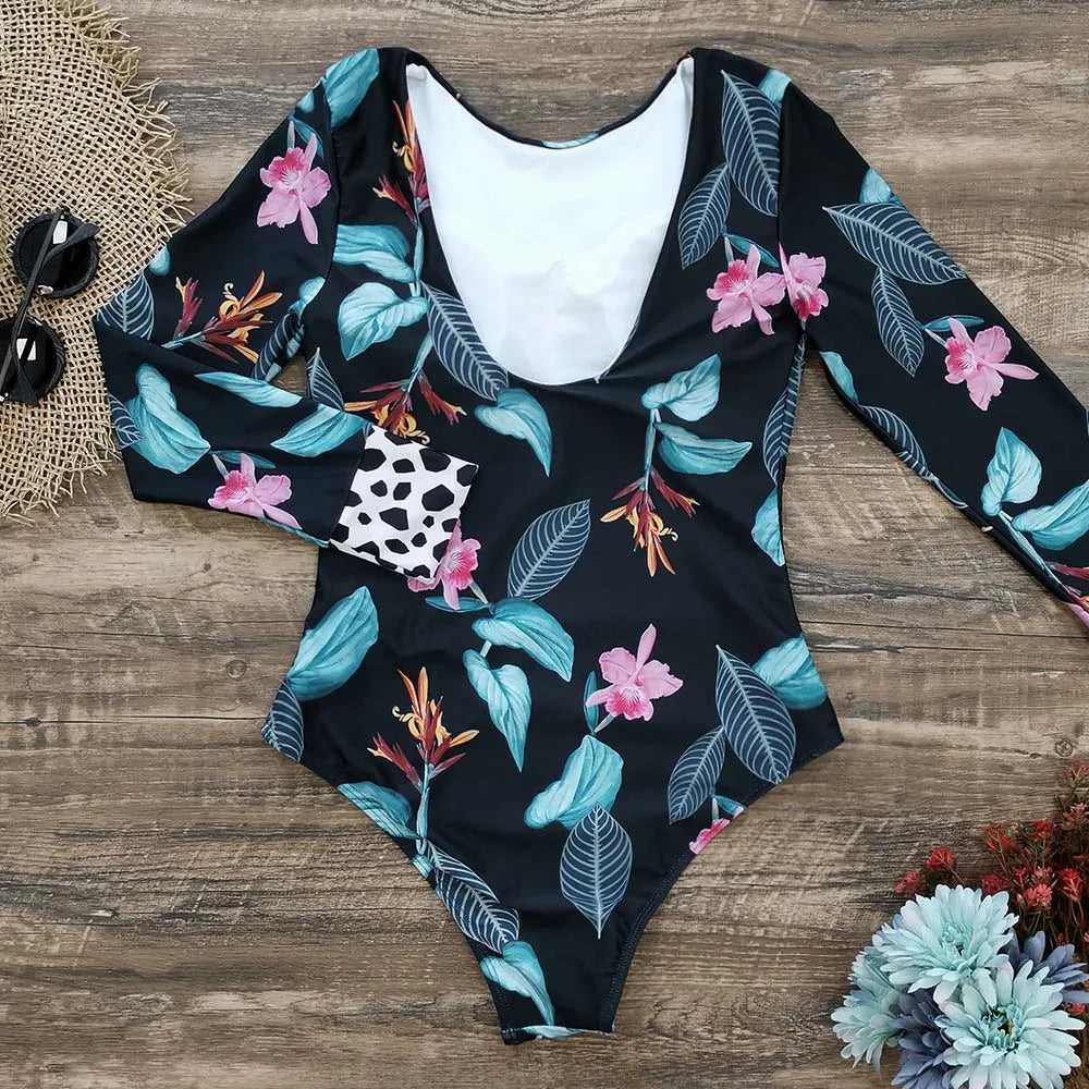 Surfing Sport Long Sleeves Swimsuit For Women Floral Printed High Quality Swimwear Patchwork Bathing Suit Tropical Summer
