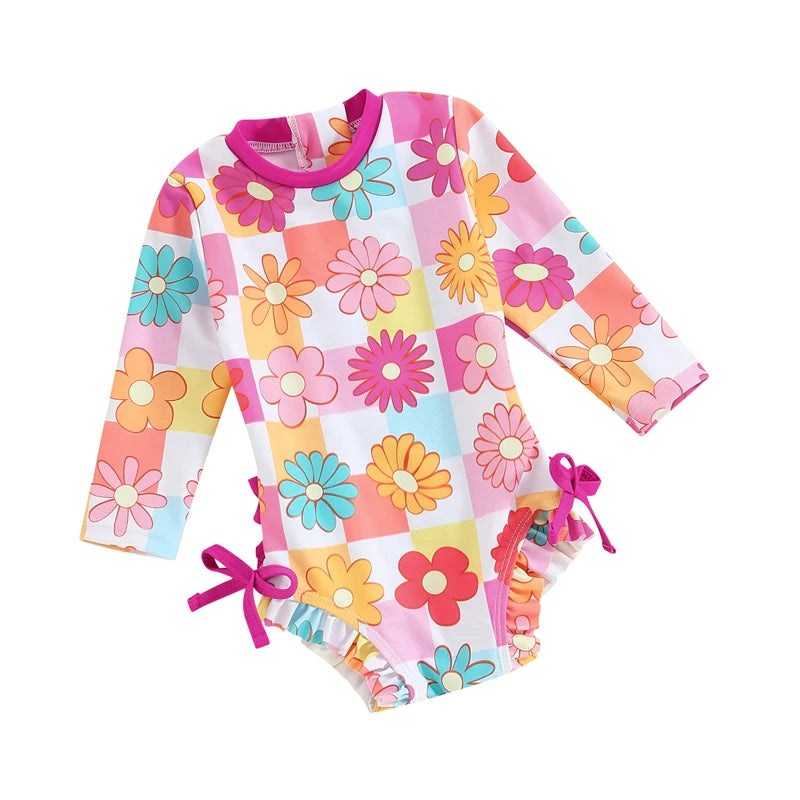 0-36months Baby Girl One_piece Swimwear Long Sleeve Flower Butterfly Print Bow Swimming Suit For Infant Girl Summer Bathing Suit