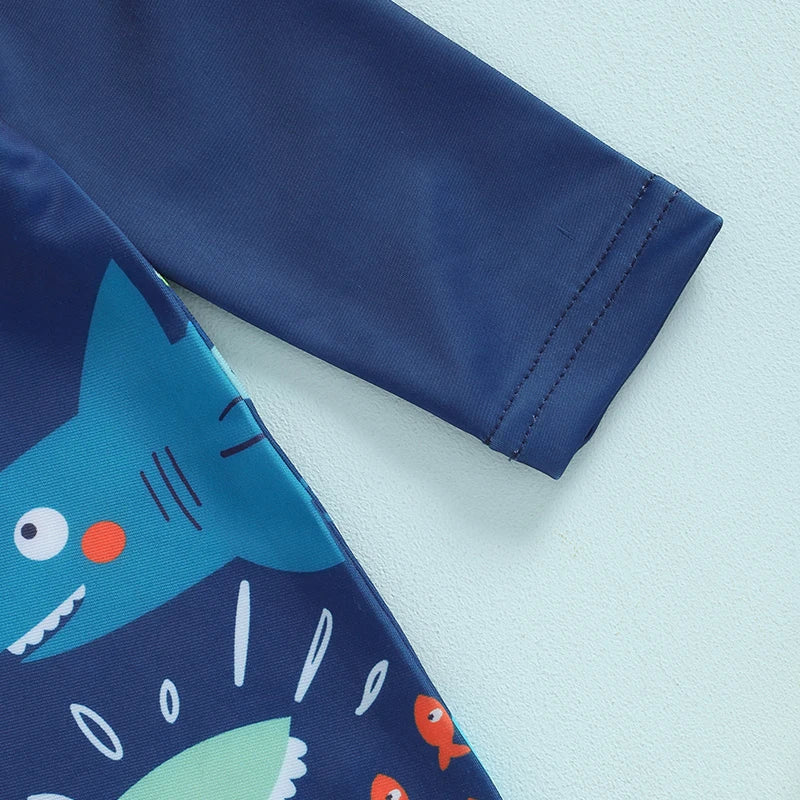 Toddler Boy Rash Guard Swimsuit with Hat 2 Pcs Set Fish Shark Pattern Zip Up Long Sleeve Crew Neck Baby Boy Swimwear