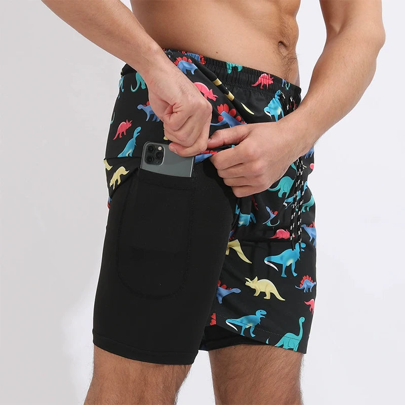 Summer Men's Surfing Swimwear Short Pants Fitness Exercise 2+1 Double Layer Beach Printed Shorts Male Sports Clothing