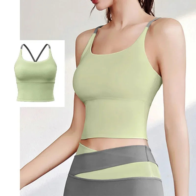 PofyBofy Build-in Bra Yoga Crop Top Sleeve Gym Tank Top Women Workout Bra Tanks Fitness Bra Tanks Yoga Crop Tops Crisscross Back