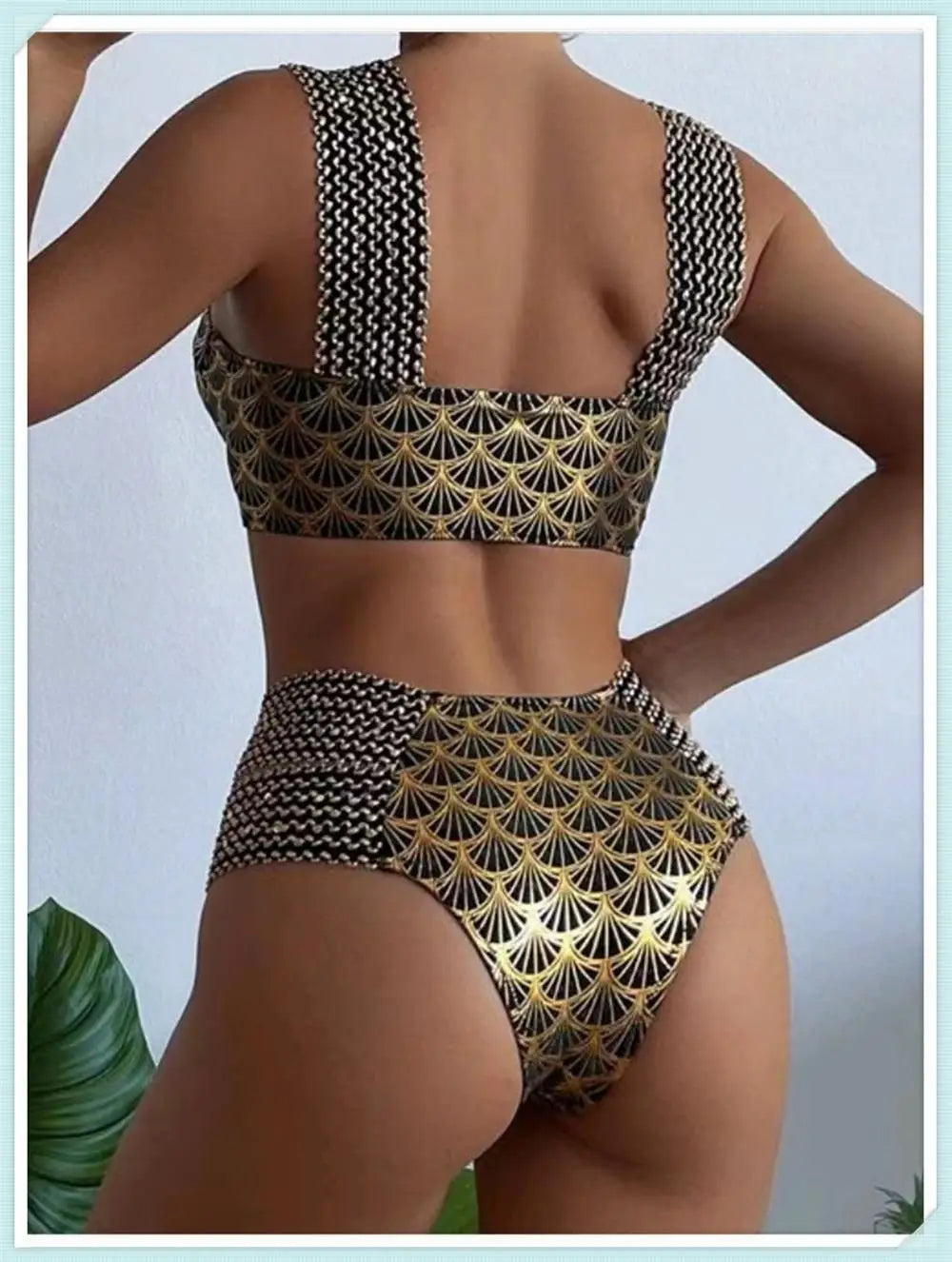 Metallic Stitch Strap Bikini Women Push Up Gold print Swimsuit Female High Waist Swimwear Bathers Bathing Suit Beachwear