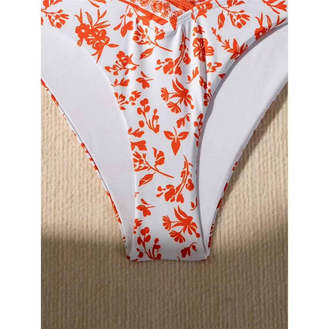Flowers Printed High Cut Mid Waist Bikini Female Swimsuit Women Swimwear Two-pieces Bikini set Bather Bathing Suit Swim