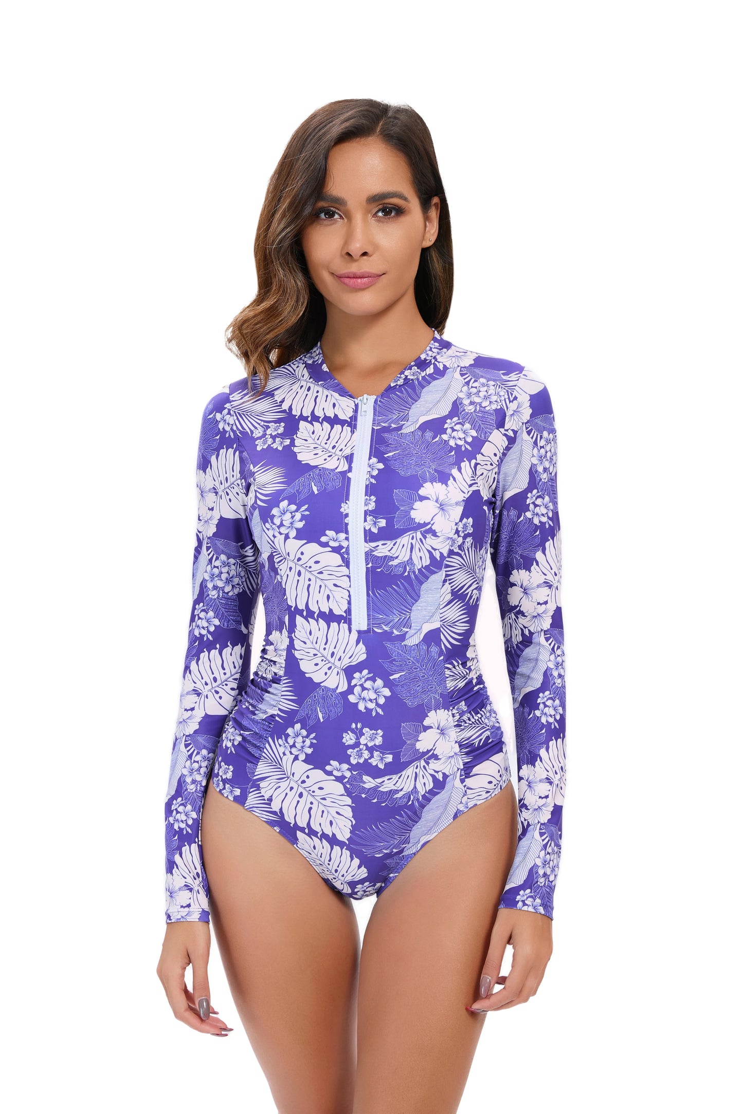 Floral Print Long Sleeve Rash guard Women's Surf One-Piece Swimsuit with High-Cut Leg UPF 50+