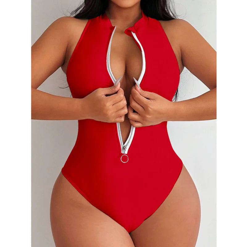 Zipper One Piece Swimsuits Closed Women's Solid Swimwear Sports Swimming Wear Body Bathing Suits Beachwear Pool Bather