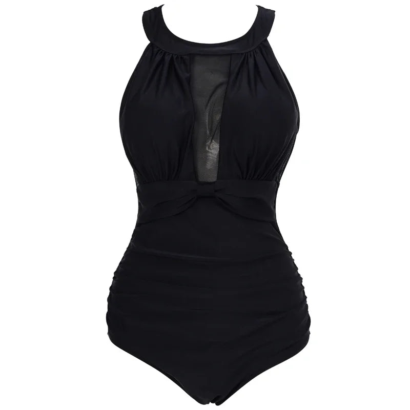 Women's High-Neck Mesh-Insert One-Piece Swimsuit