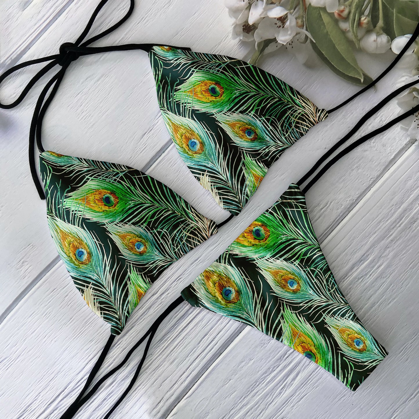 Fashion Ladies Bikini Set 3D Printed Peacock Feather Pattern Split Swimsuit Deep V Lace up Beach Vacation Surfing Swimsuit