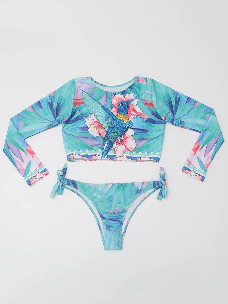 Colour Print Long Sleeve Swimwear Women Swimsuit Female Two Pieces Bikini Low Waist Bathing Suit Beachwear Swimming Suit
