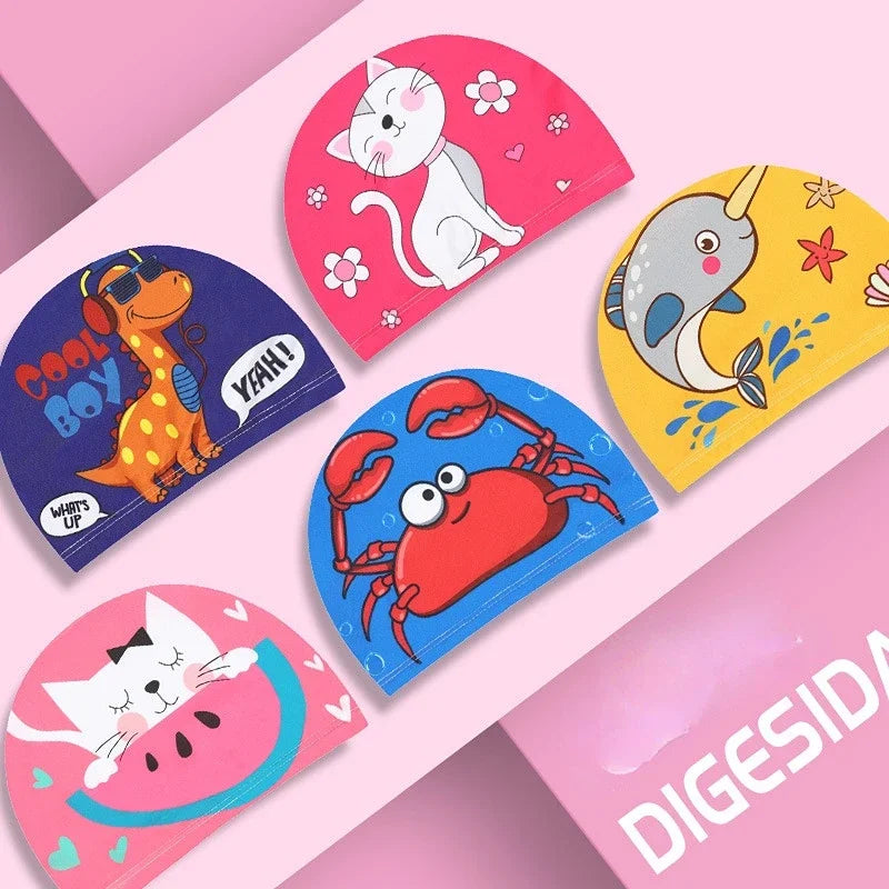 PU Coating Cartoon Children Swimming Hat for 1-7 Year Old Boys Girls Elastic Swimming Cap Shower Beach Pool Accessories