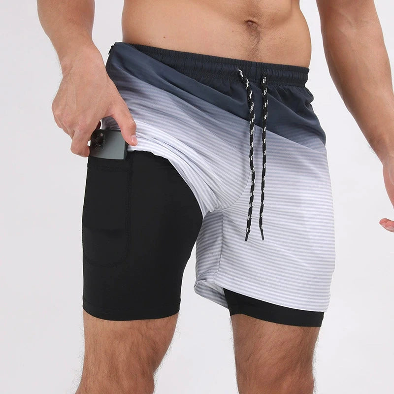 Summer Men's Surfing Swimwear Short Pants Fitness Exercise 2+1 Double Layer Beach Printed Shorts Male Sports Clothing