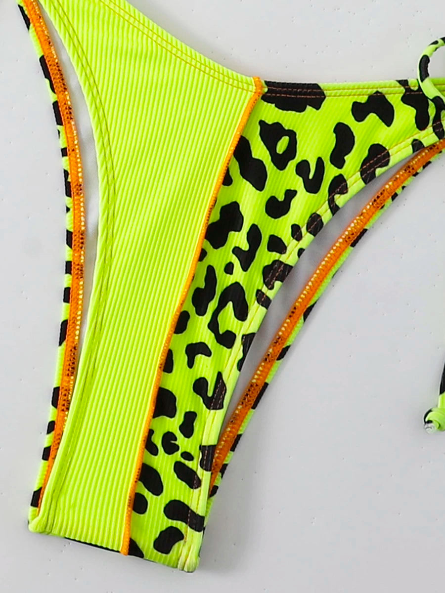 Leopard Halter Triangle Bikini Women Long Sleeve Swimsuit Swimwear Female Bathers Bathing Suit Swimming Beachwear