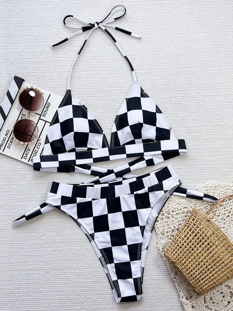 Plaid Print Swimwear Women Halter Push Up Bikini Set High Waist Lady Swimsuit Beach Brazilian Bathing Suit