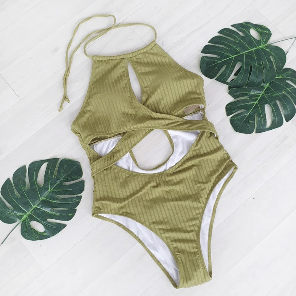Solid Halter Swimwear Women Push UP Cross Hollow One Piece Swimsuit Monokini High Waist Cut Bathing Suit