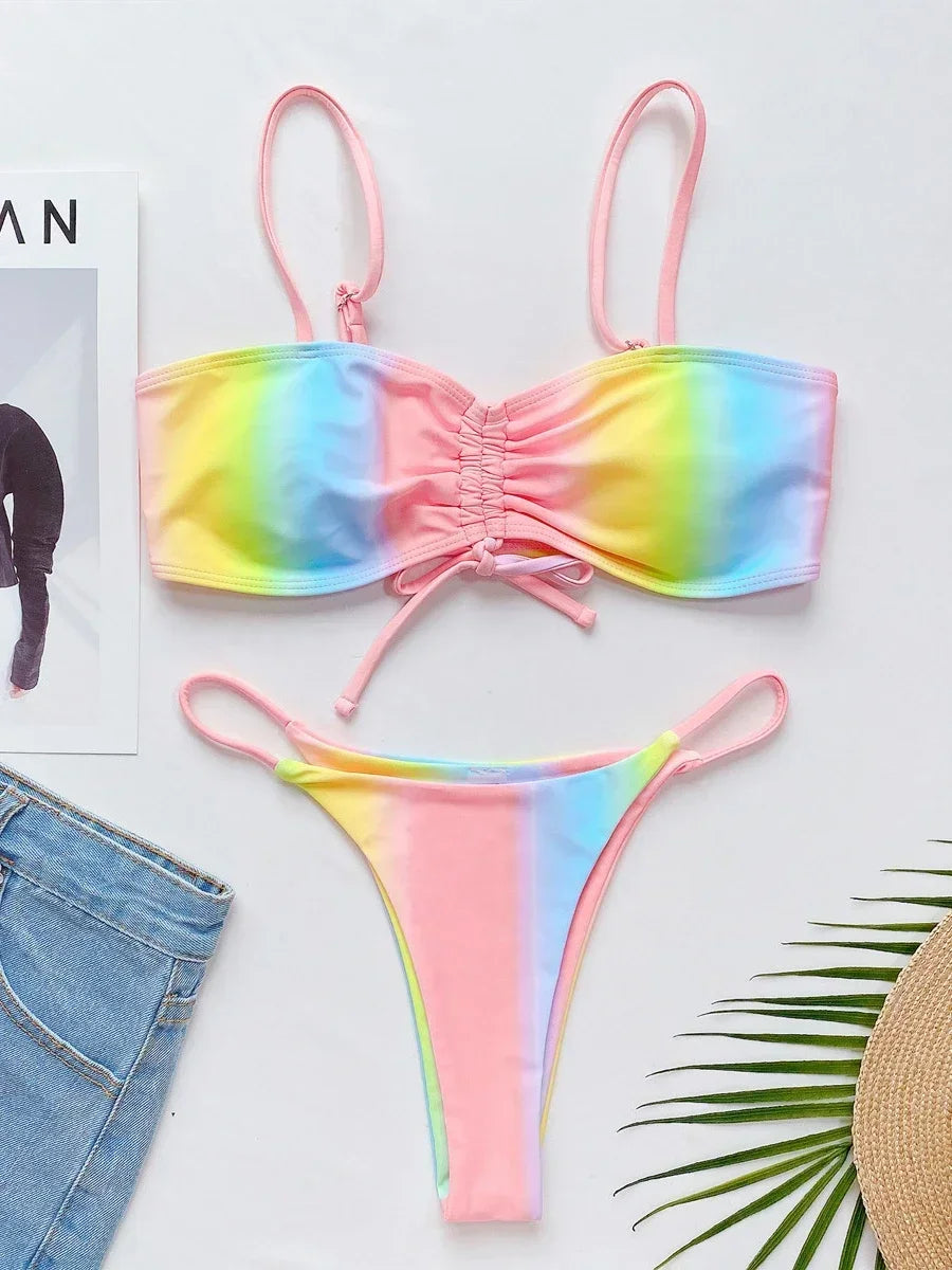 Bikini Women Drawstring Rainbow Butterfly Print Swimwear Swimsuit Female Bikinis Set Bathing Suit
