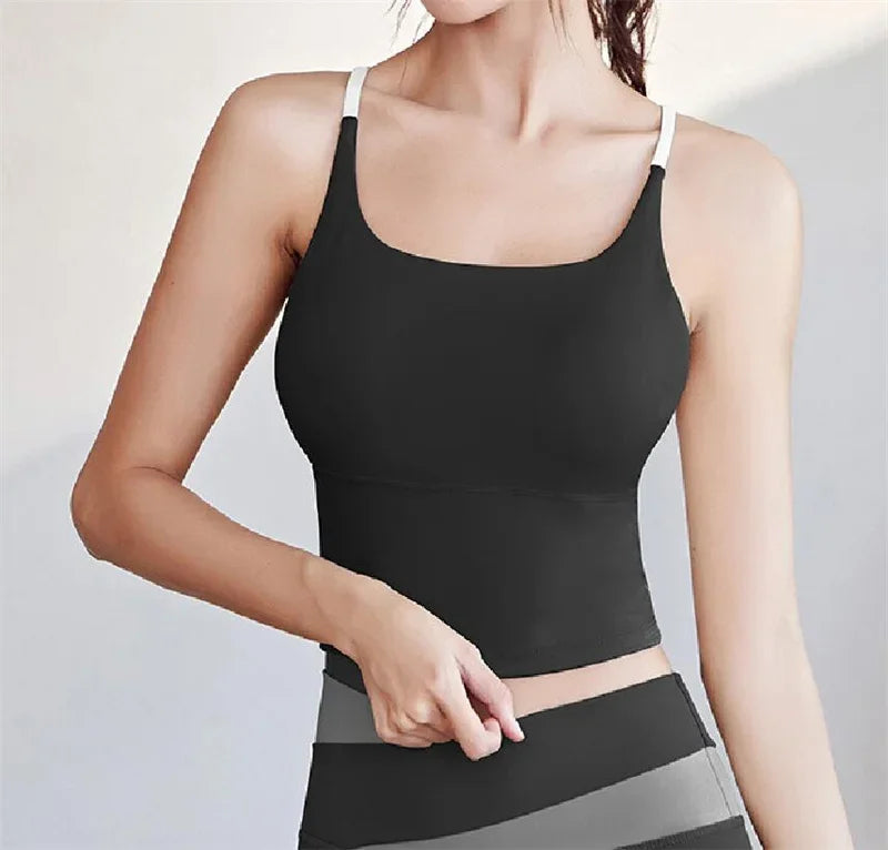 PofyBofy Build-in Bra Yoga Crop Top Sleeve Gym Tank Top Women Workout Bra Tanks Fitness Bra Tanks Yoga Crop Tops Crisscross Back