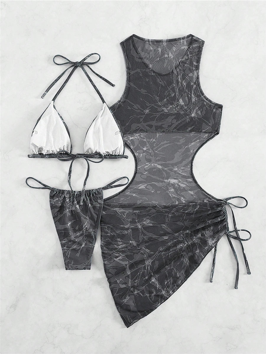 Print Halter String 3 Piece Bikini Triangle Swimsuit Women Swimwear Female Bather Bathing Swimming Swim Suit Beachwear