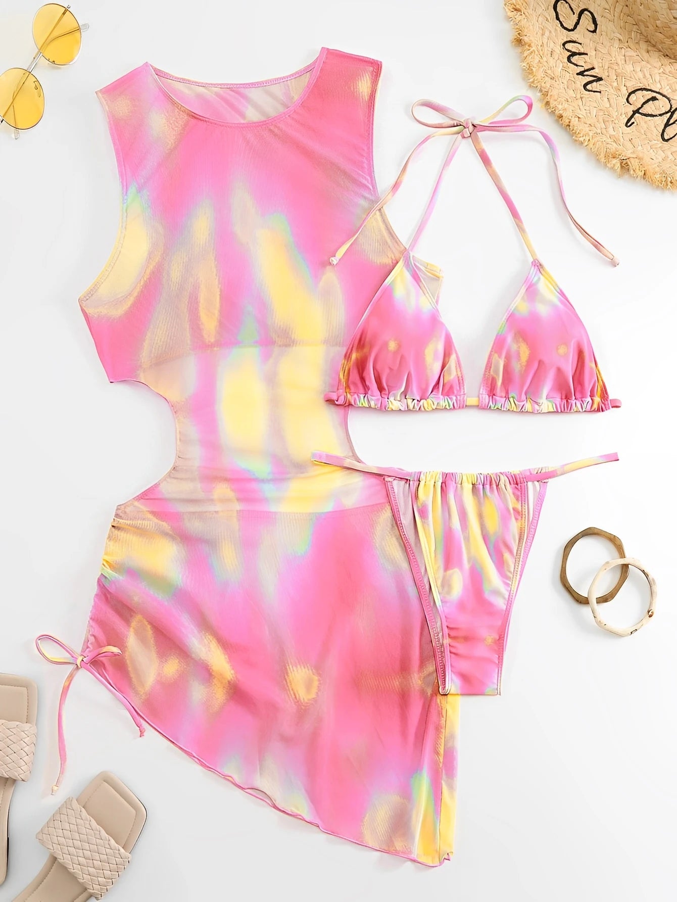 3 Pieces Tie Dye Bikini Women & Drawstring Cutout Cover Up Dress Swimsuit Swimwear Female Bathing Swimming Swim Suit