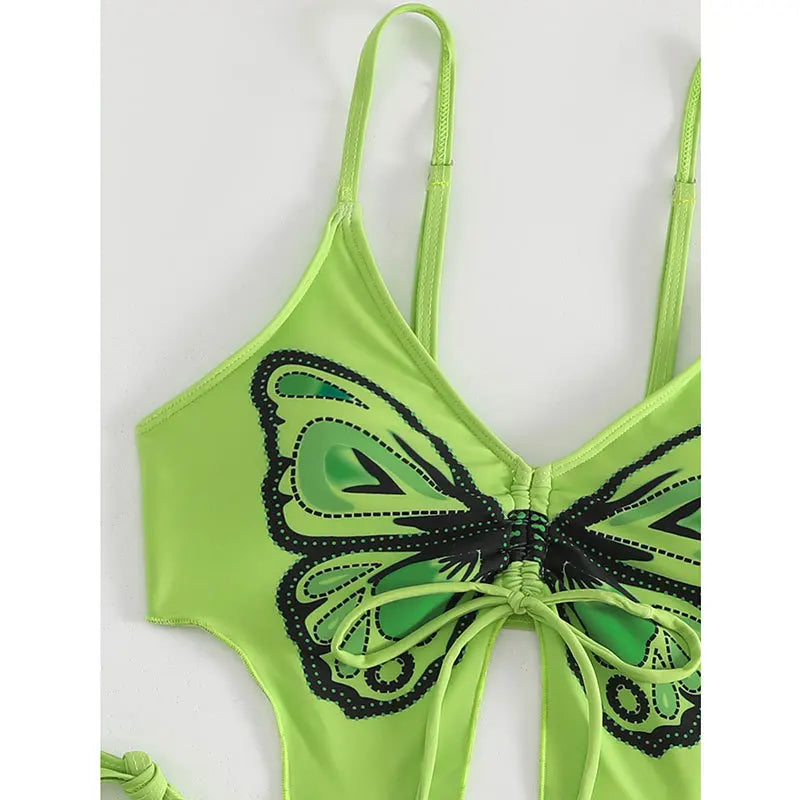 Butterfly Print Strapped Swimwear Women Tied High Cut Bikini Set Push Up Swimsuit Backless Summer Beach Bathing Suit Bathers