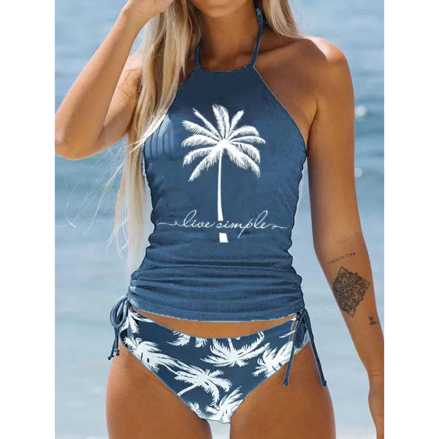Solid Print Tankini Set Tied Halter Swimsuit Women Swimwear Biquinis Summer Backless Beach Bathing Suit