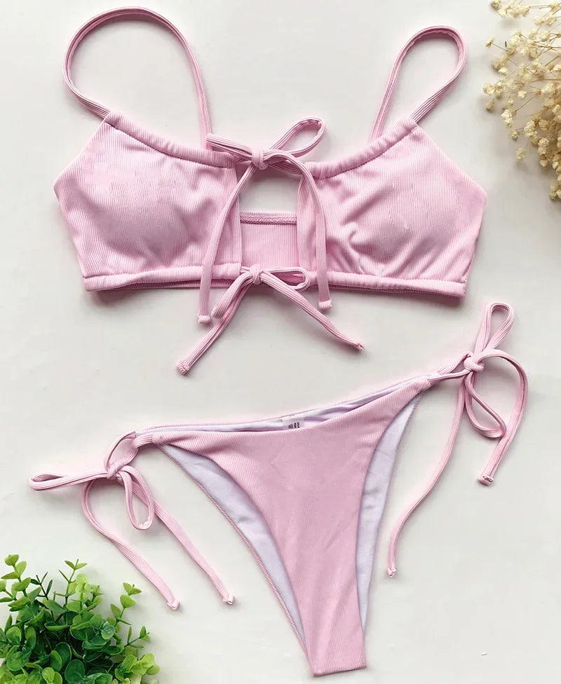 Strappy Lace Up Ribbed Bikini Women Swimwear Female Swimsuit Two-piece Bikini set Hollow Out Bathing Suit Swim