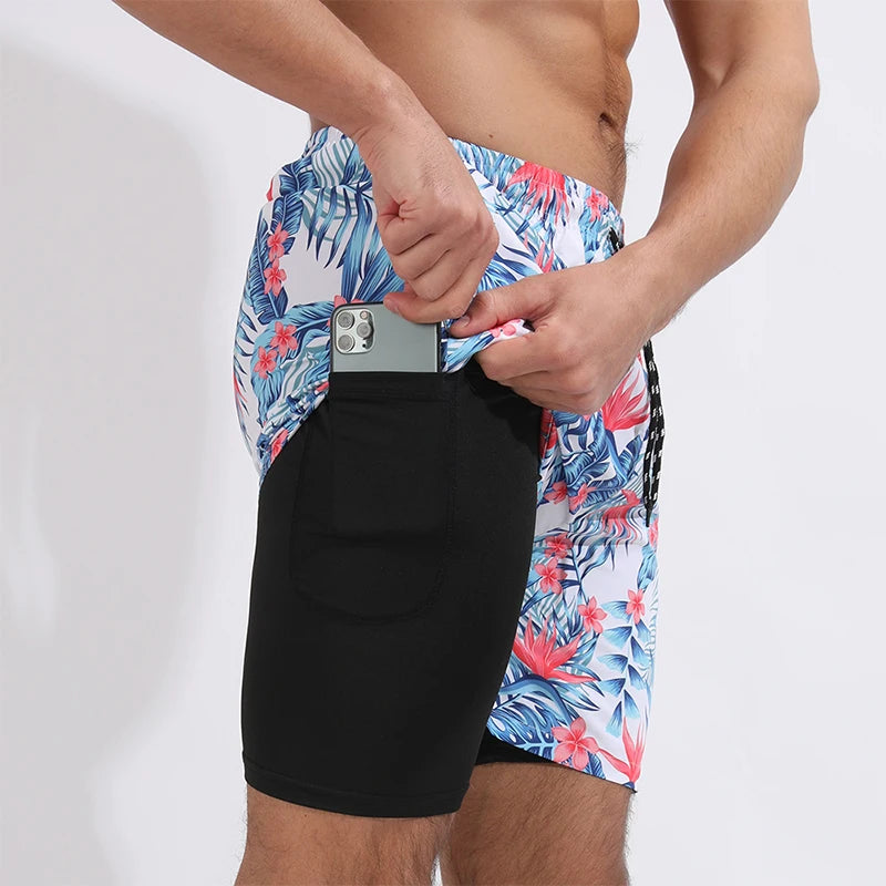 Summer Men's Surfing Swimwear Short Pants Fitness Exercise 2+1 Double Layer Beach Printed Shorts Male Sports Clothing