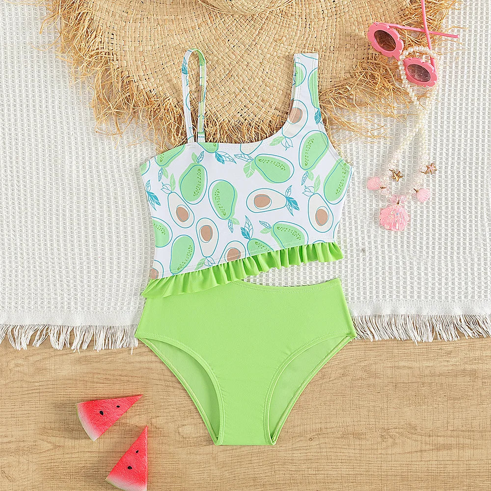 Avocado Printed green Girls One Piece Swimsuits 5-14 years Lemon Print yellow Children Swimwear Kids Bathing Suit Beachwear
