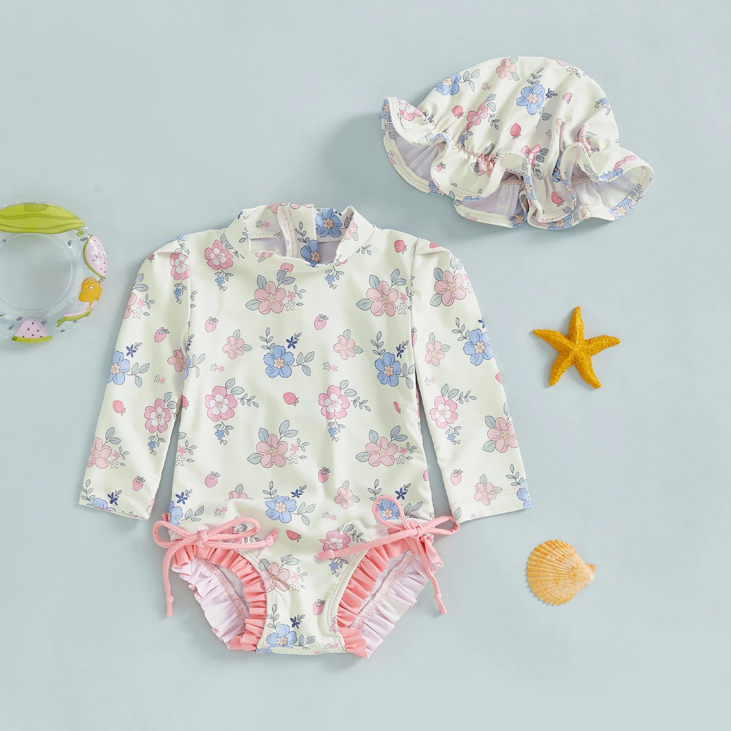 Toddler Mock Neck Swimwear with Hat Summer Baby Girl Rash Guard Floral/Shell Print Long Sleeve Swimsuit Children Beachwear