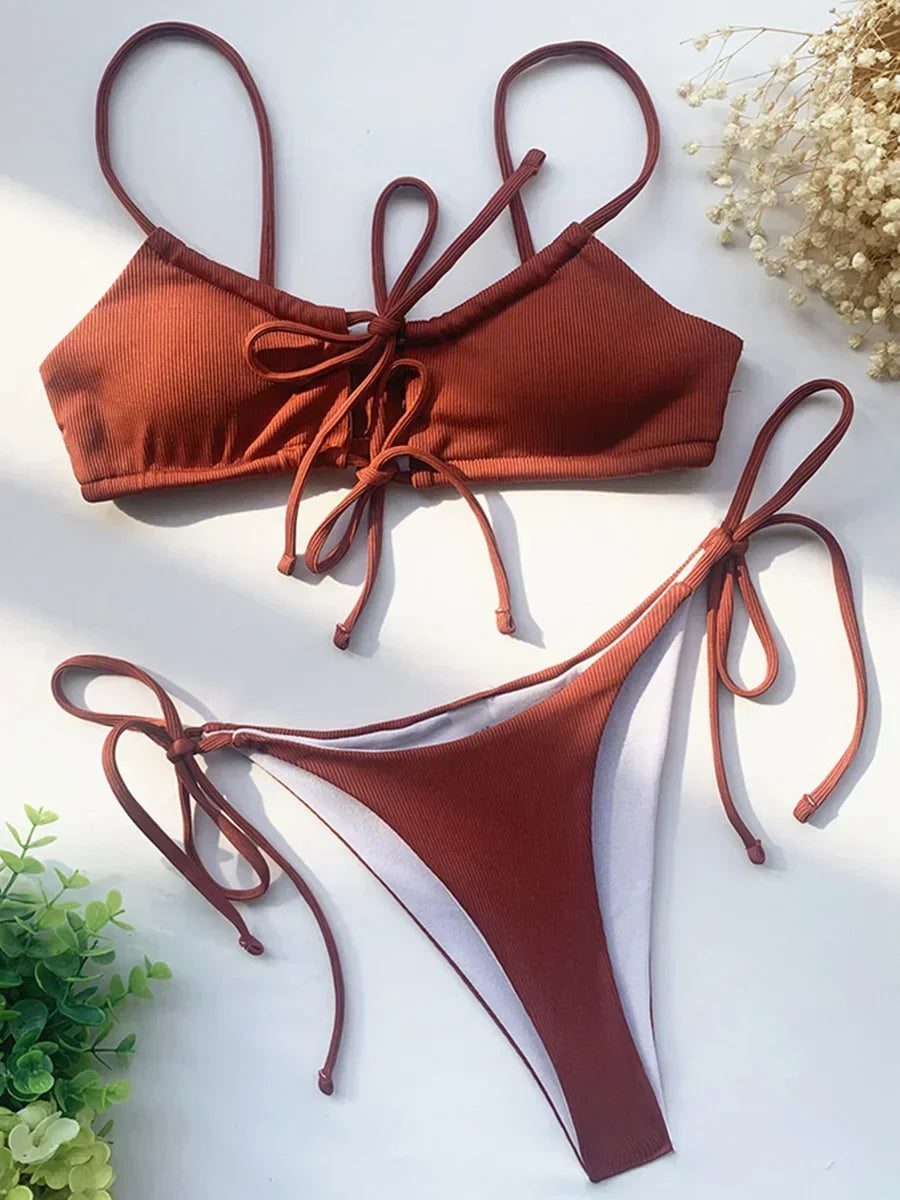 Strappy Lace Up Ribbed Bikini Women Swimwear Female Swimsuit Two-piece Bikini set Hollow Out Bathing Suit Swim