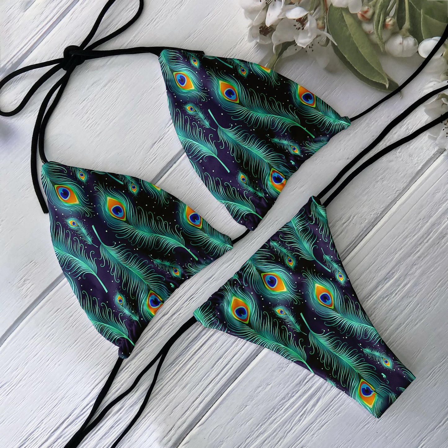 Fashion Ladies Bikini Set 3D Printed Peacock Feather Pattern Split Swimsuit Deep V Lace up Beach Vacation Surfing Swimsuit